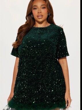 Fashion Nova Emerald Green Sequin Short Sleeve Dress